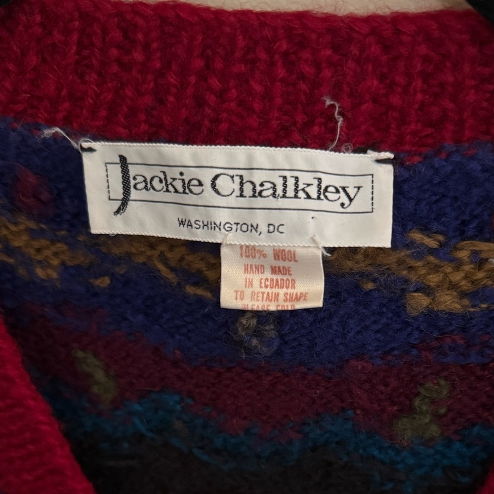 Rare Vintage 90’s Jackie Chaulkey Scandinavian Colorful V-Neck Sweater Medium - Picture 4 of 6